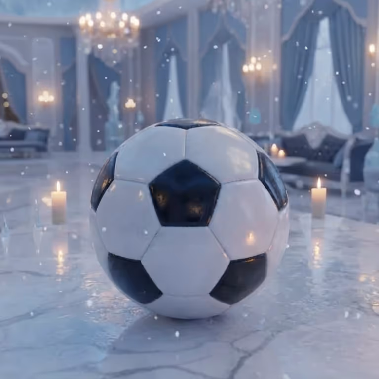 A high-definition soccer ball on a white marble floor in a snowy, elegant hall for Atlantic Ace Sportsbook betting.